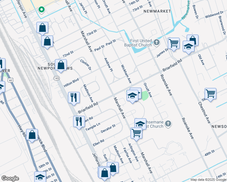 map of restaurants, bars, coffee shops, grocery stores, and more near 5902 Marshall Avenue in Newport News