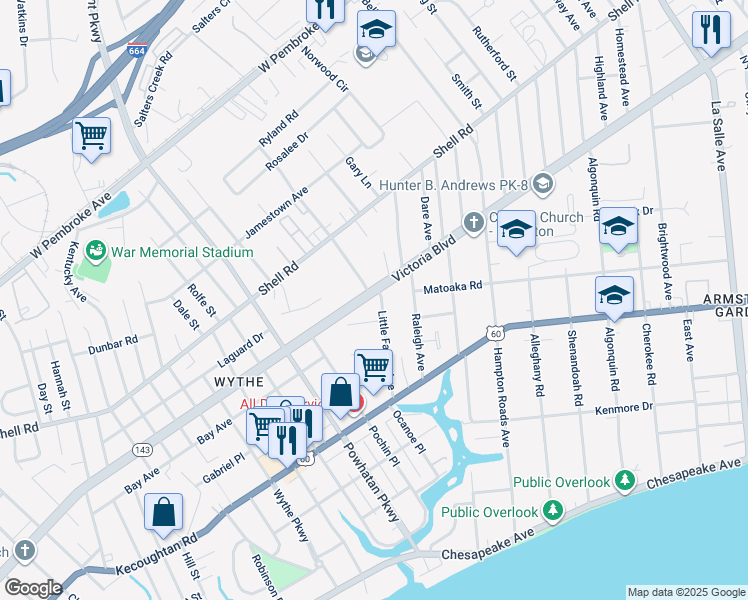 map of restaurants, bars, coffee shops, grocery stores, and more near 295 Little Farms Avenue in Hampton
