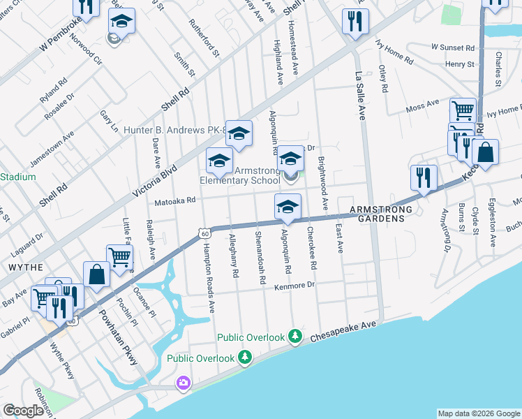 map of restaurants, bars, coffee shops, grocery stores, and more near 3301 Kecoughtan Road in Hampton