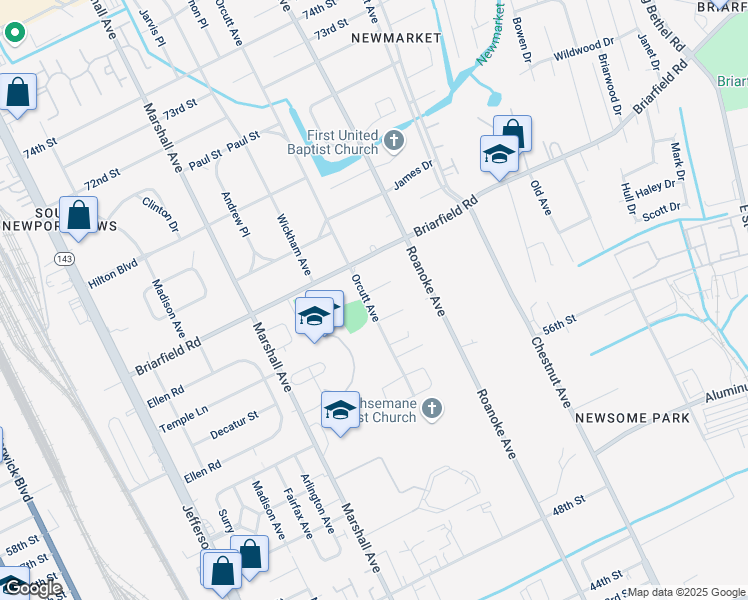 map of restaurants, bars, coffee shops, grocery stores, and more near 1003 Temple Lane in Newport News