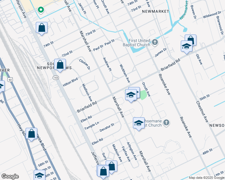 map of restaurants, bars, coffee shops, grocery stores, and more near 5902 Marshall Avenue in Newport News