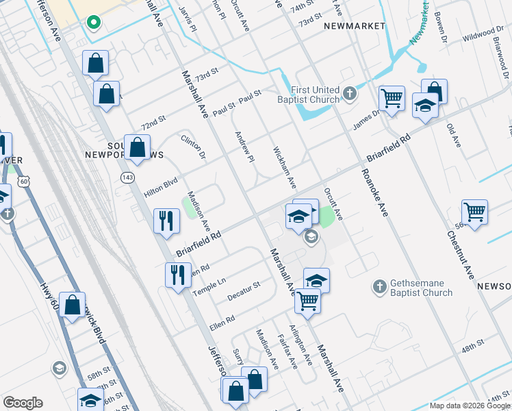 map of restaurants, bars, coffee shops, grocery stores, and more near 5901 Marshall Avenue in Newport News