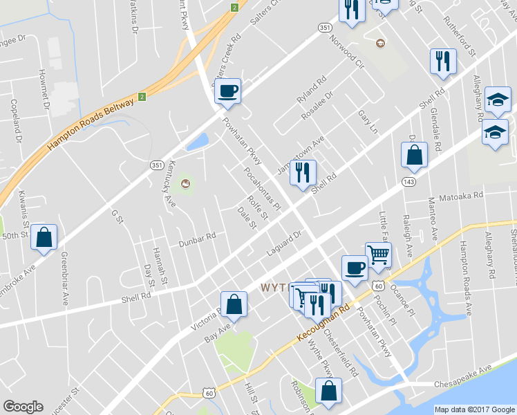 map of restaurants, bars, coffee shops, grocery stores, and more near 628 Rolfe Street in Hampton