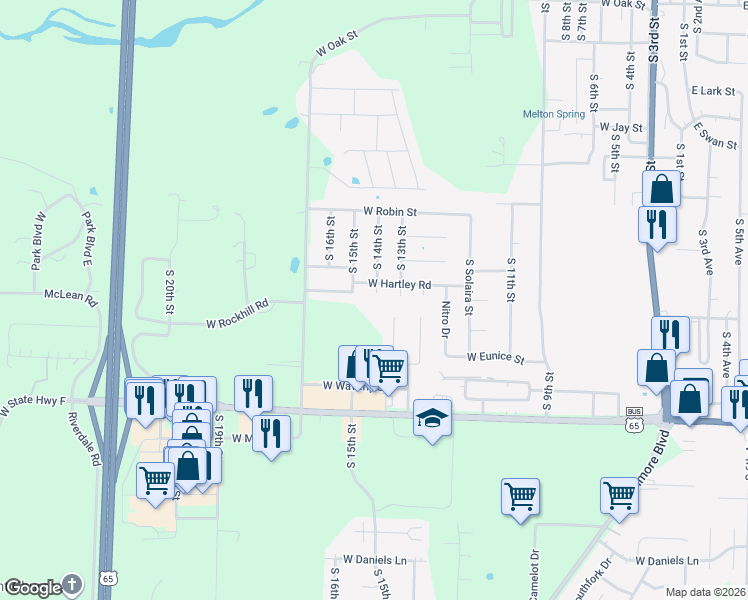 map of restaurants, bars, coffee shops, grocery stores, and more near 1405 South 14th Street in Ozark