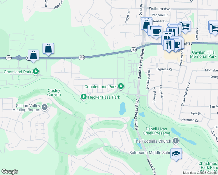 map of restaurants, bars, coffee shops, grocery stores, and more near 7701 Wasabi Way in Gilroy