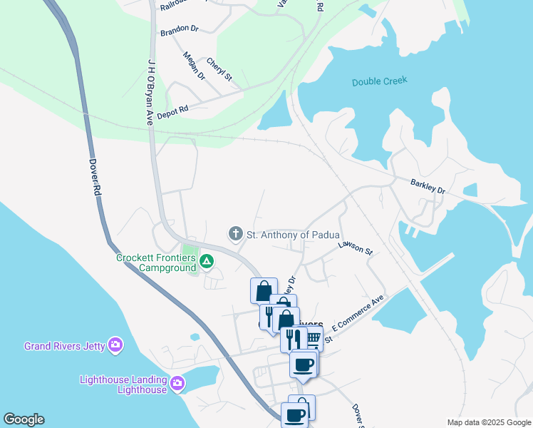 map of restaurants, bars, coffee shops, grocery stores, and more near Steamboat Street in Grand Rivers