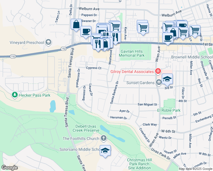 map of restaurants, bars, coffee shops, grocery stores, and more near 1301 3rd Street in Gilroy