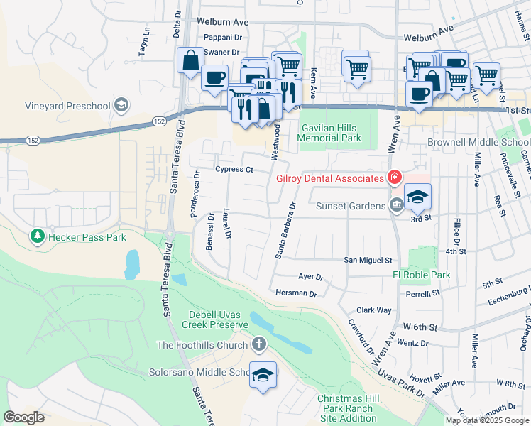 map of restaurants, bars, coffee shops, grocery stores, and more near 1301 3rd Street in Gilroy