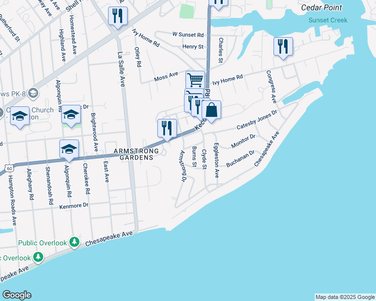 map of restaurants, bars, coffee shops, grocery stores, and more near 3800 Stratford Road in Hampton