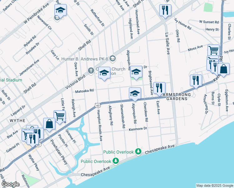 map of restaurants, bars, coffee shops, grocery stores, and more near 3201 Kecoughtan Road in Hampton