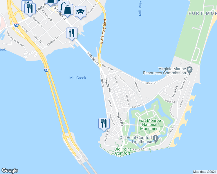 map of restaurants, bars, coffee shops, grocery stores, and more near 140 Ingalls Road in Hampton