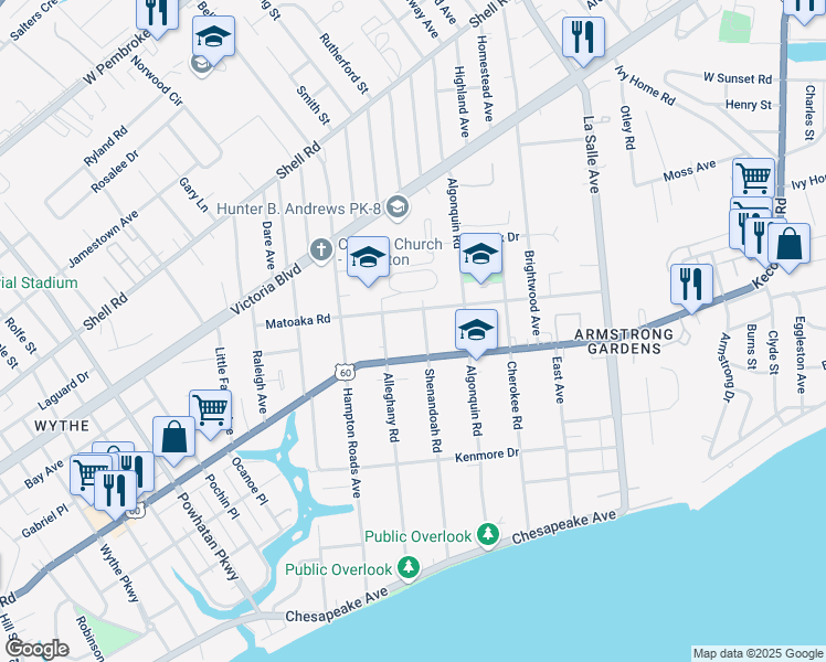 map of restaurants, bars, coffee shops, grocery stores, and more near 3201 Kecoughtan Road in Hampton