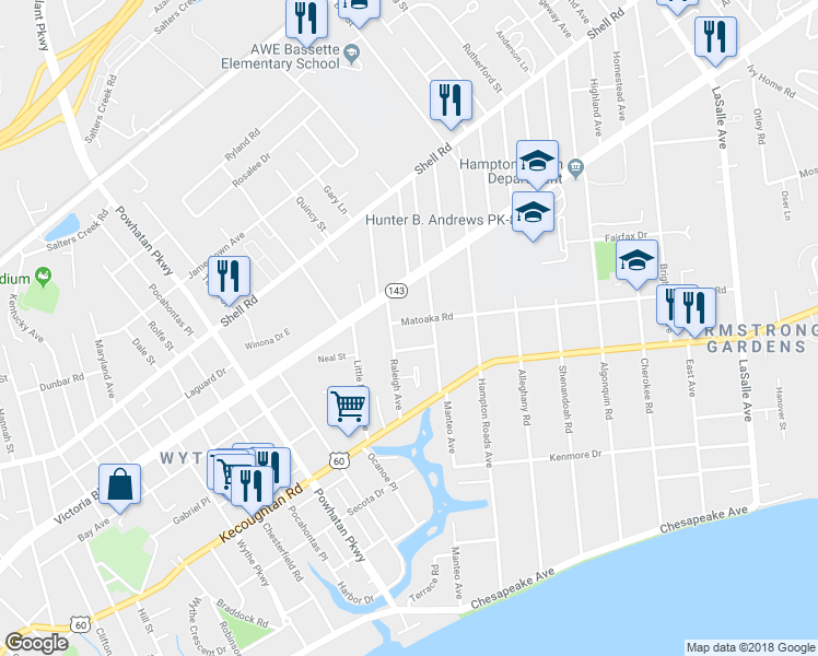 map of restaurants, bars, coffee shops, grocery stores, and more near 2909 Sir Walter Lane in Hampton