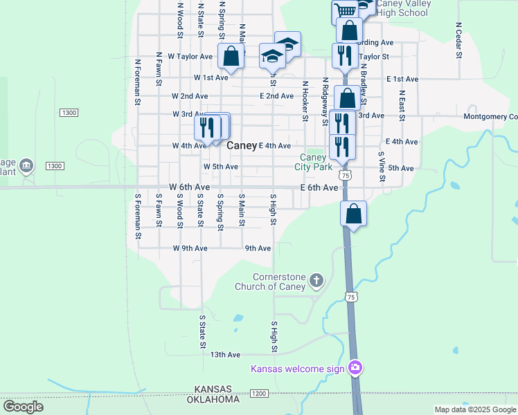 map of restaurants, bars, coffee shops, grocery stores, and more near 107 East 8th Avenue in Caney