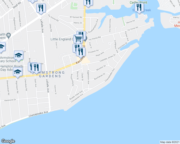 map of restaurants, bars, coffee shops, grocery stores, and more near 120 Eggleston Avenue in Hampton