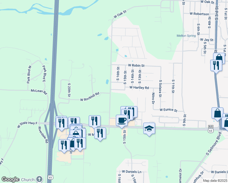 map of restaurants, bars, coffee shops, grocery stores, and more near 1712 West Hartley Street in Ozark