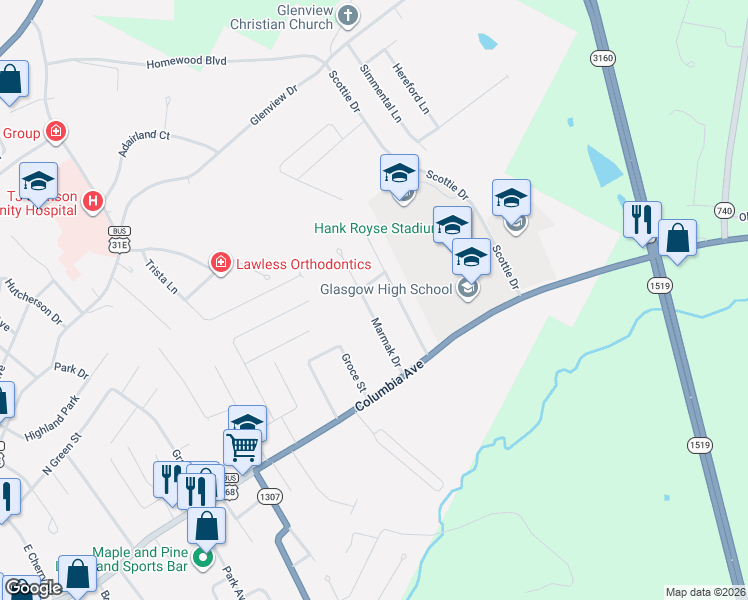 map of restaurants, bars, coffee shops, grocery stores, and more near 107-199 Marmak Drive in Glasgow