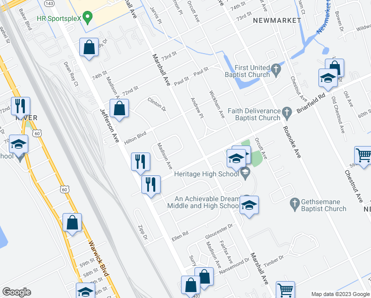 map of restaurants, bars, coffee shops, grocery stores, and more near 632 Highland Court in Newport News