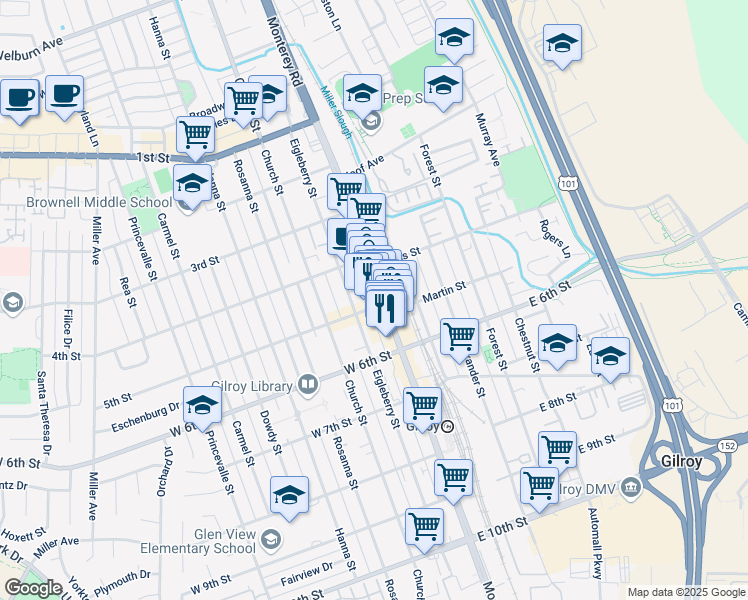 map of restaurants, bars, coffee shops, grocery stores, and more near 7511 Monterey Road in Gilroy