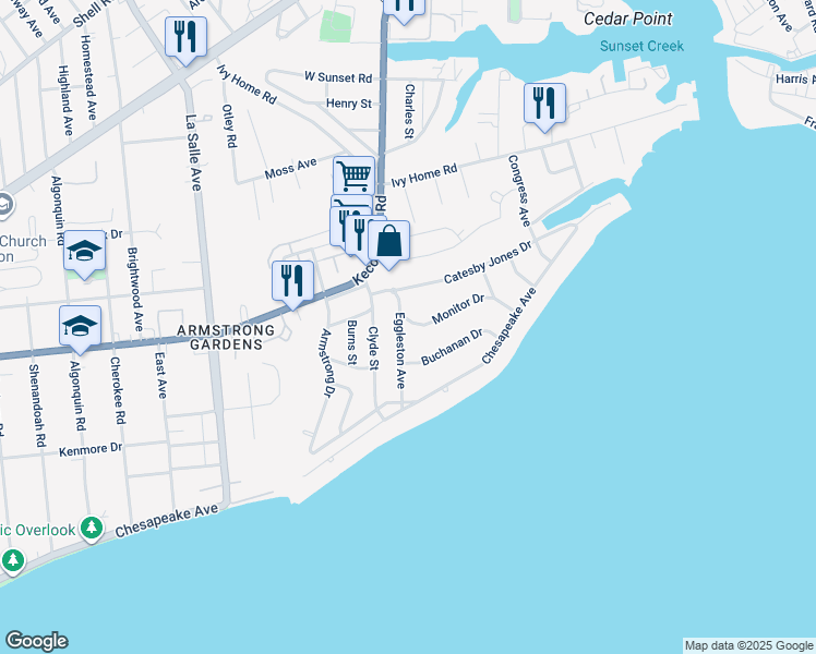 map of restaurants, bars, coffee shops, grocery stores, and more near 120 Eggleston Avenue in Hampton
