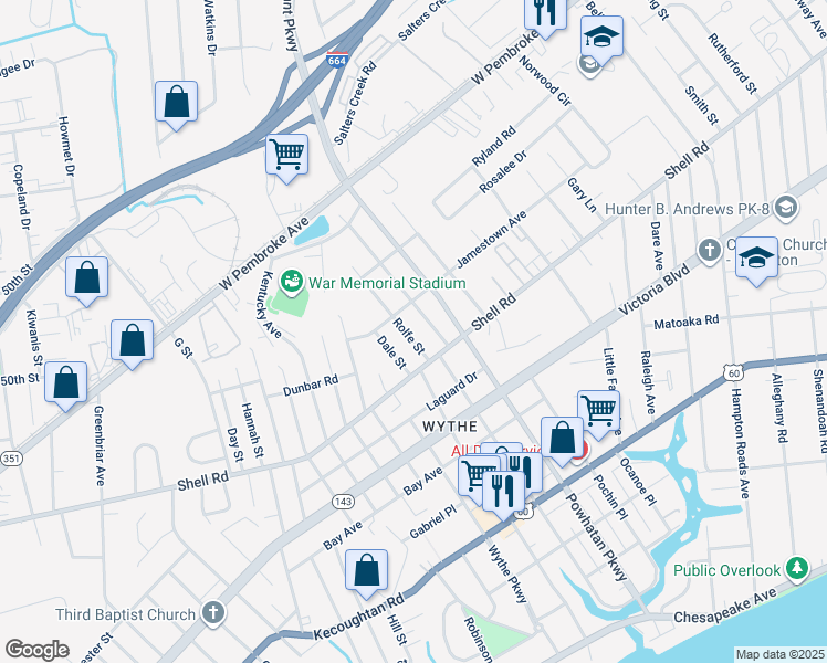 map of restaurants, bars, coffee shops, grocery stores, and more near 628 Rolfe Street in Hampton