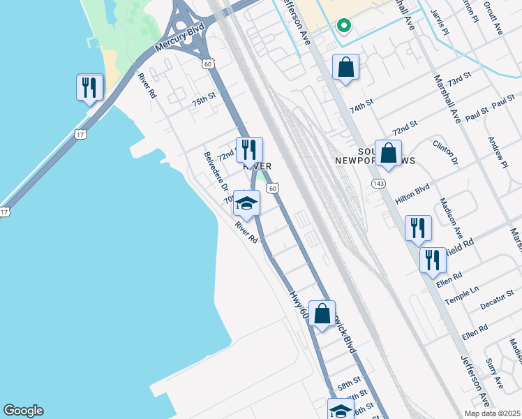 map of restaurants, bars, coffee shops, grocery stores, and more near 6904 Huntington Avenue in Newport News