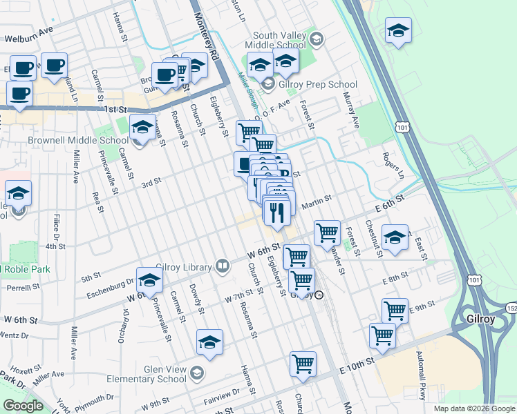map of restaurants, bars, coffee shops, grocery stores, and more near 92 5th Street in Gilroy