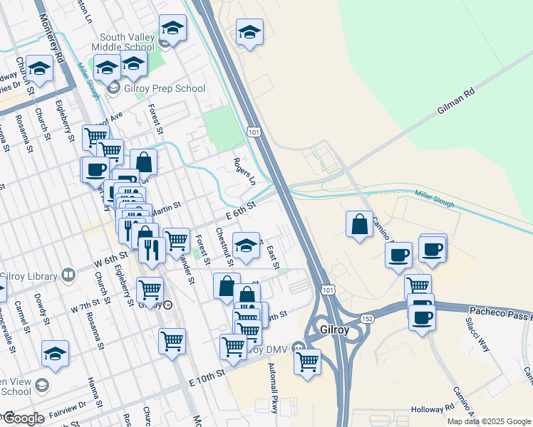 map of restaurants, bars, coffee shops, grocery stores, and more near 544 Stoney Court in Gilroy