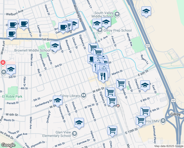 map of restaurants, bars, coffee shops, grocery stores, and more near 7539 Eigleberry Street in Gilroy
