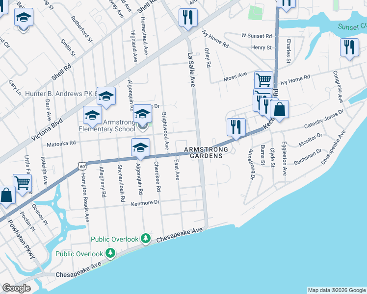 map of restaurants, bars, coffee shops, grocery stores, and more near 3605 Kecoughtan Road in Hampton