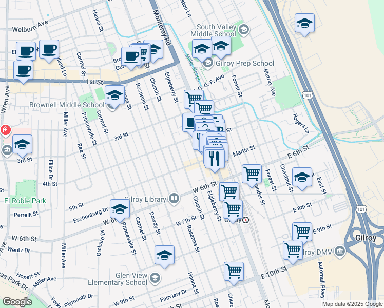map of restaurants, bars, coffee shops, grocery stores, and more near 7539 Eigleberry Street in Gilroy