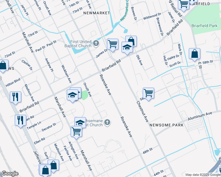 map of restaurants, bars, coffee shops, grocery stores, and more near 5902 Roanoke Avenue in Newport News