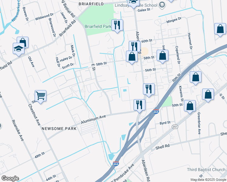 map of restaurants, bars, coffee shops, grocery stores, and more near 164 E Street in Hampton