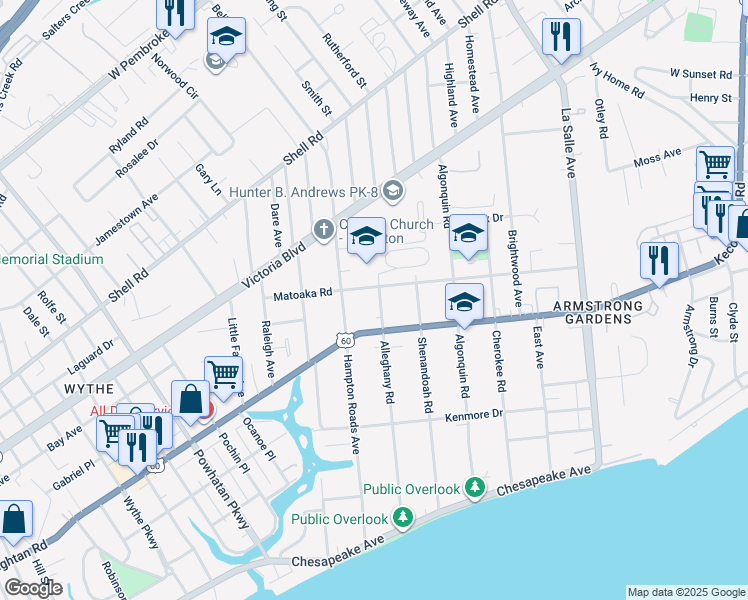 map of restaurants, bars, coffee shops, grocery stores, and more near 223 Alleghany Road in Hampton