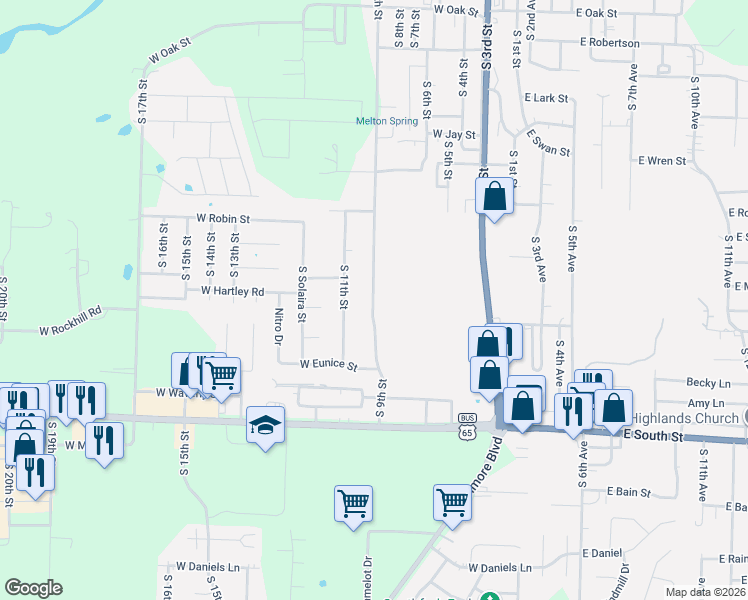 map of restaurants, bars, coffee shops, grocery stores, and more near 1311 South 9th Street in Ozark
