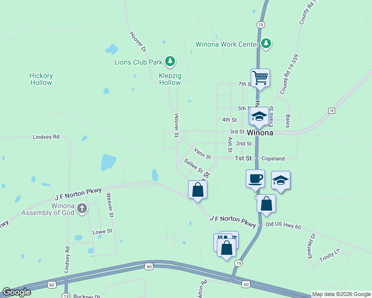 map of restaurants, bars, coffee shops, grocery stores, and more near 114 Pine Street in Winona
