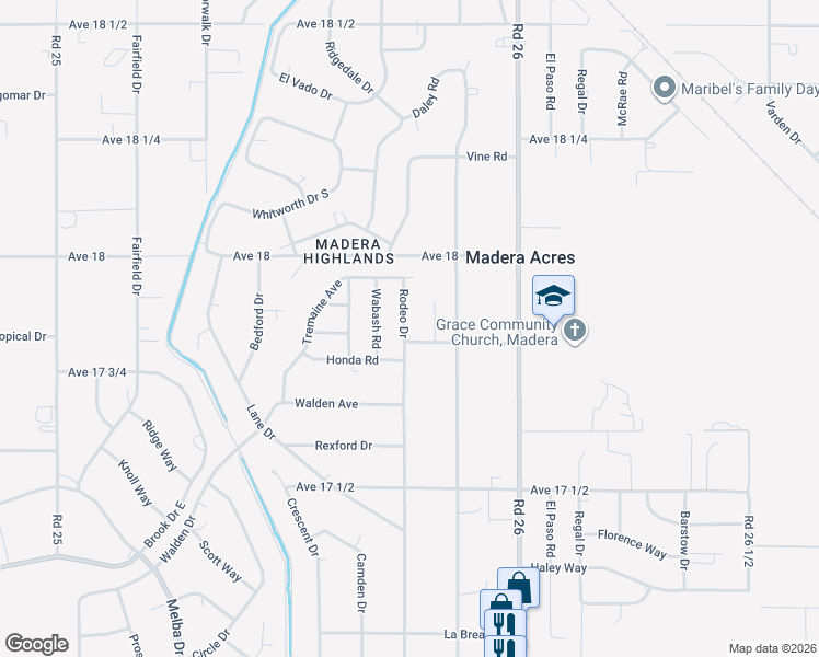 map of restaurants, bars, coffee shops, grocery stores, and more near 17779 Rodeo Drive in Madera