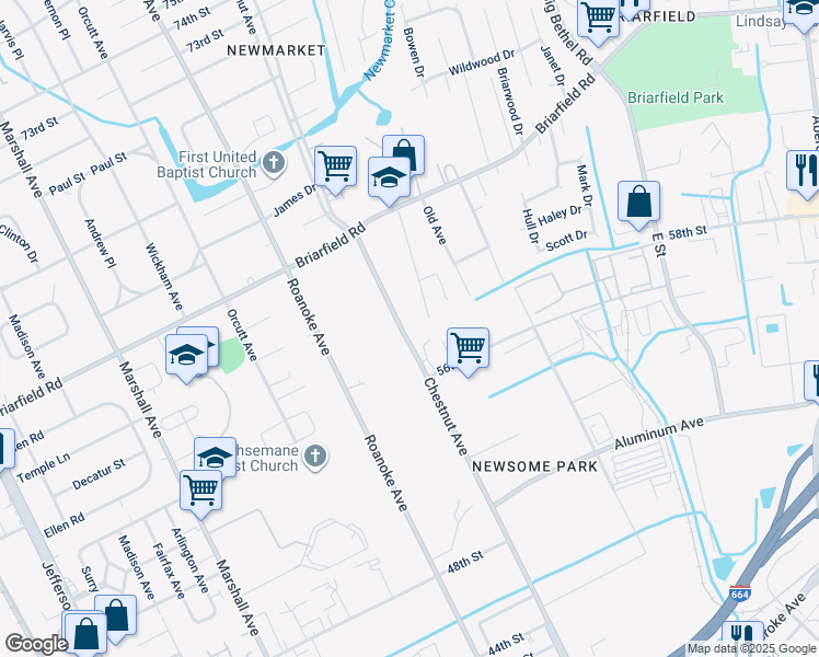 map of restaurants, bars, coffee shops, grocery stores, and more near 5900 Chestnut Avenue in Newport News