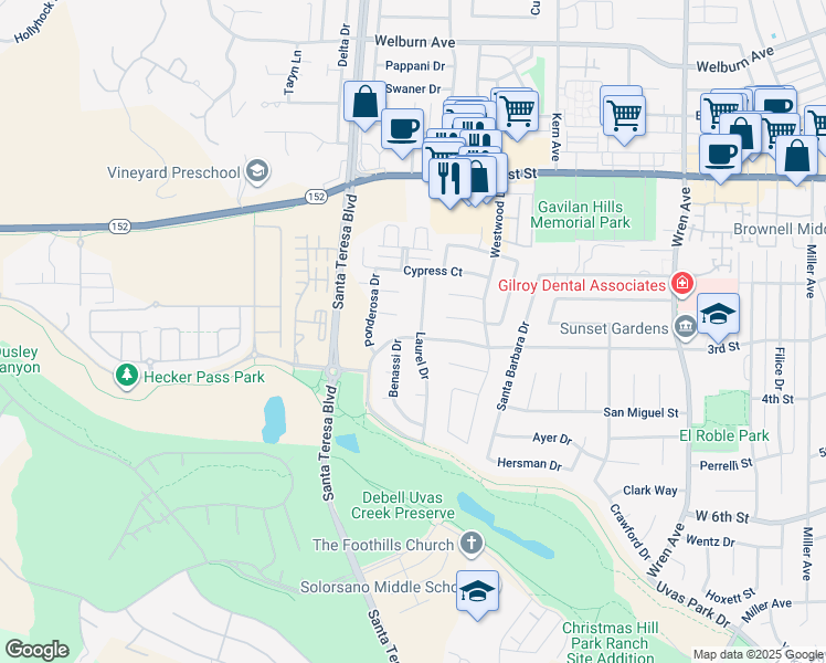 map of restaurants, bars, coffee shops, grocery stores, and more near 7701 Laurel Drive in Gilroy