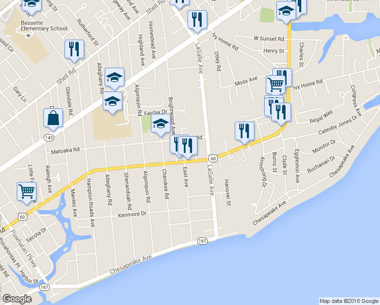 map of restaurants, bars, coffee shops, grocery stores, and more near 3605 Kecoughtan Road in Hampton