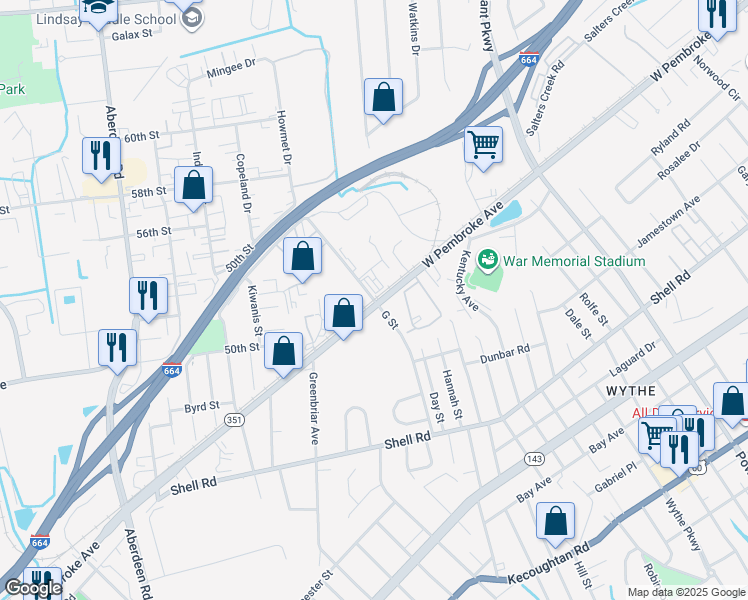 map of restaurants, bars, coffee shops, grocery stores, and more near 904 G Street in Hampton