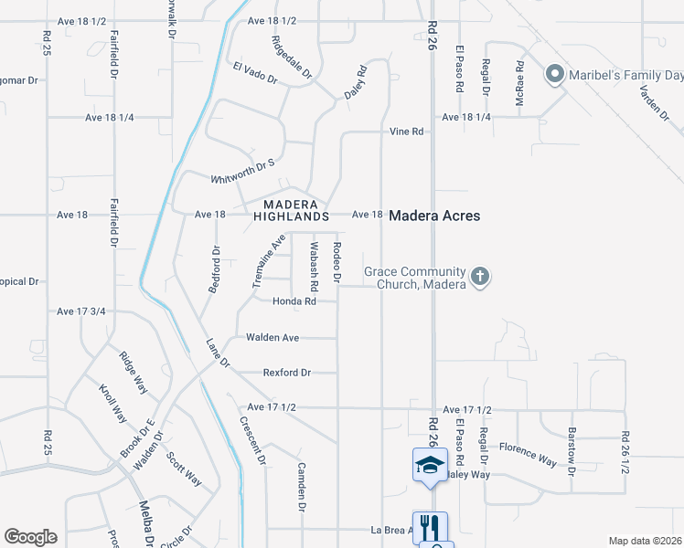 map of restaurants, bars, coffee shops, grocery stores, and more near 17779 Rodeo Drive in Madera