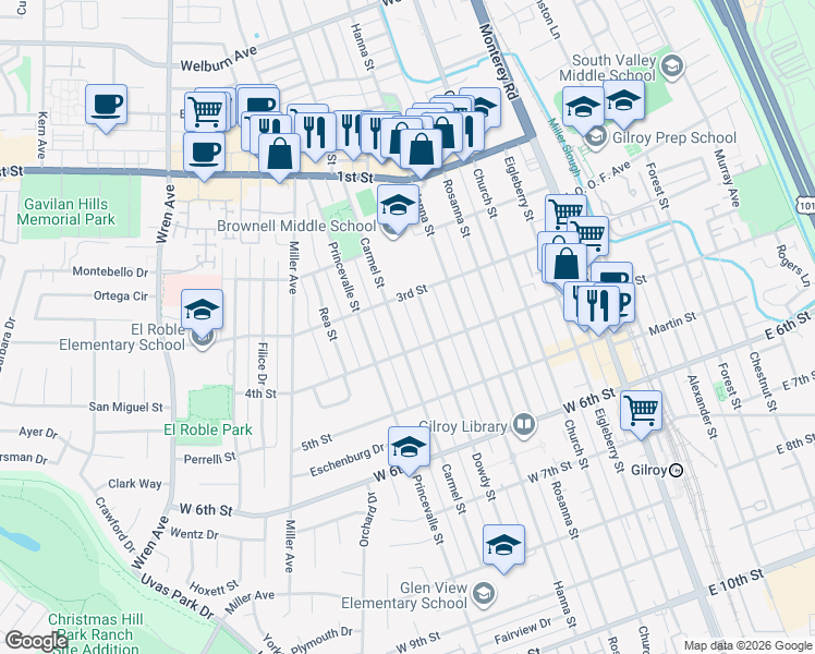 map of restaurants, bars, coffee shops, grocery stores, and more near 7621 Carmel Street in Gilroy