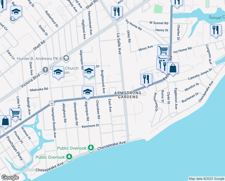 map of restaurants, bars, coffee shops, grocery stores, and more near 3605 Kecoughtan Road in Hampton