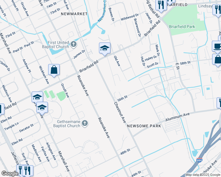 map of restaurants, bars, coffee shops, grocery stores, and more near 5900 Chestnut Avenue in Newport News