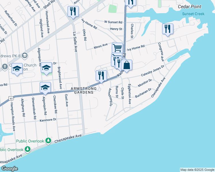 map of restaurants, bars, coffee shops, grocery stores, and more near 165 Armstrong Drive in Hampton