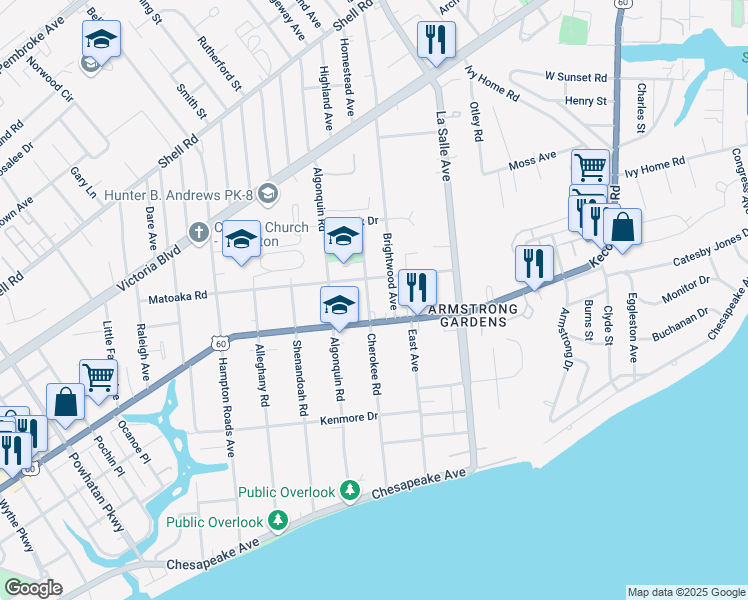 map of restaurants, bars, coffee shops, grocery stores, and more near 212 Cherokee Road in Hampton