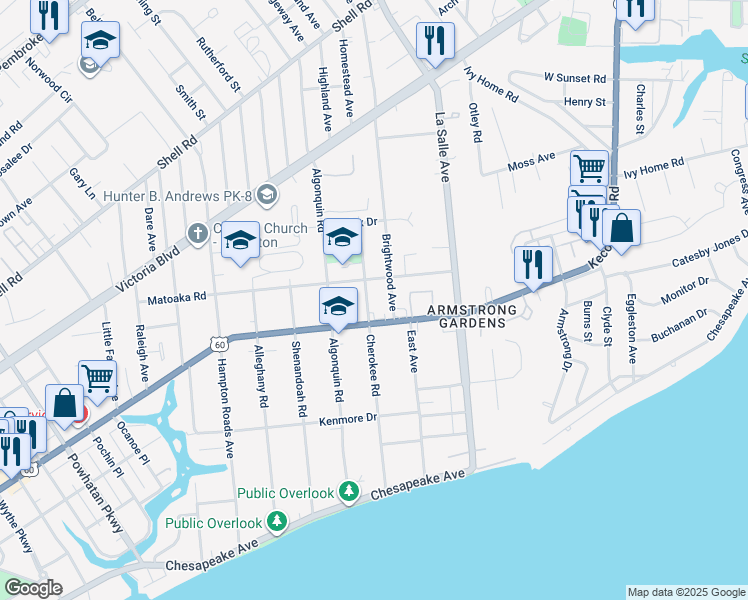 map of restaurants, bars, coffee shops, grocery stores, and more near 212 Cherokee Road in Hampton