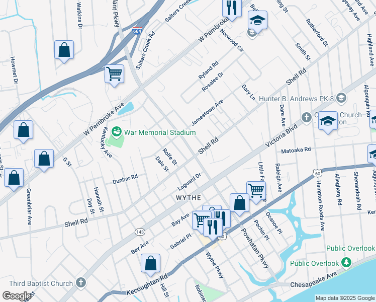 map of restaurants, bars, coffee shops, grocery stores, and more near 633 Powhatan Parkway in Hampton