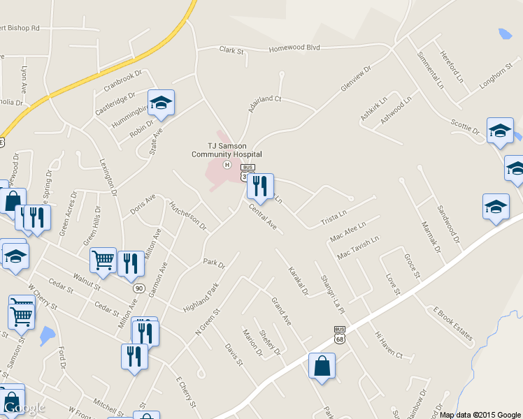 map of restaurants, bars, coffee shops, grocery stores, and more near 182 Trista Lane in Glasgow